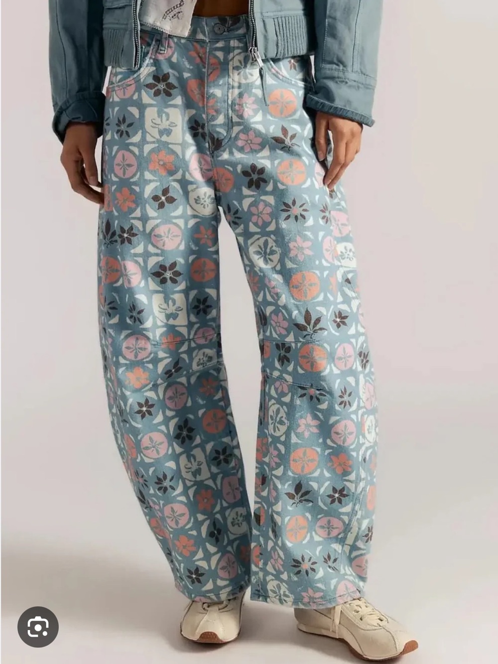We The Free People Good Luck Mid Rise Barrel Jeans Jade Combo - Ditsy Block